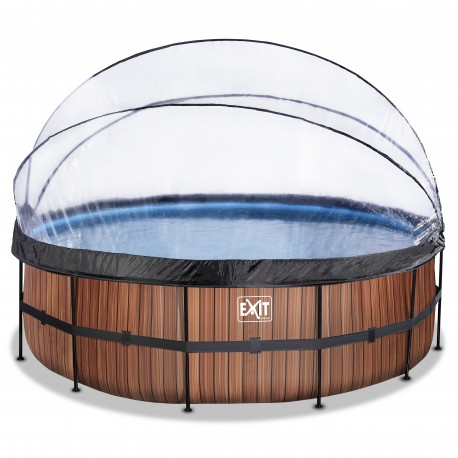 EXIT Wood pool ø450x122cm med dome og filterpumpe - brun