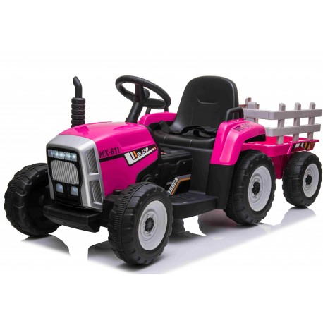 Pink12V EL Traktor med Anhænger, Lædersæde og Gummihjul - 2.4G fjernbetjening